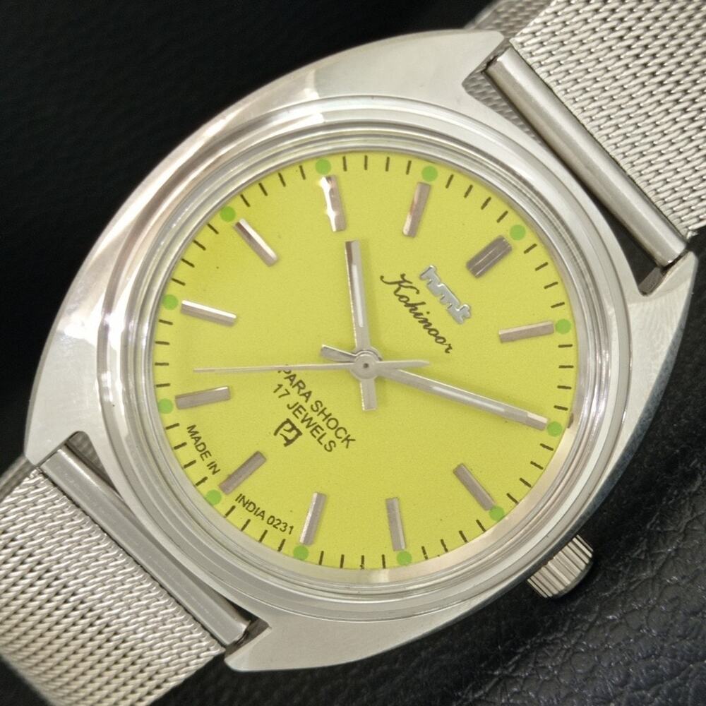 Vintage 1981 HMT Manual Wound Mens Silver Watch & Yellow accents
